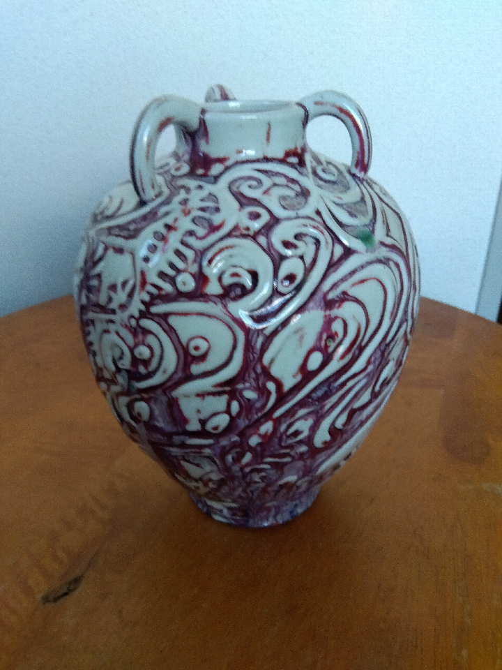 Cinnabar vase. Artist's item. Diameter 6.5 inches. Height 8.3 inches.