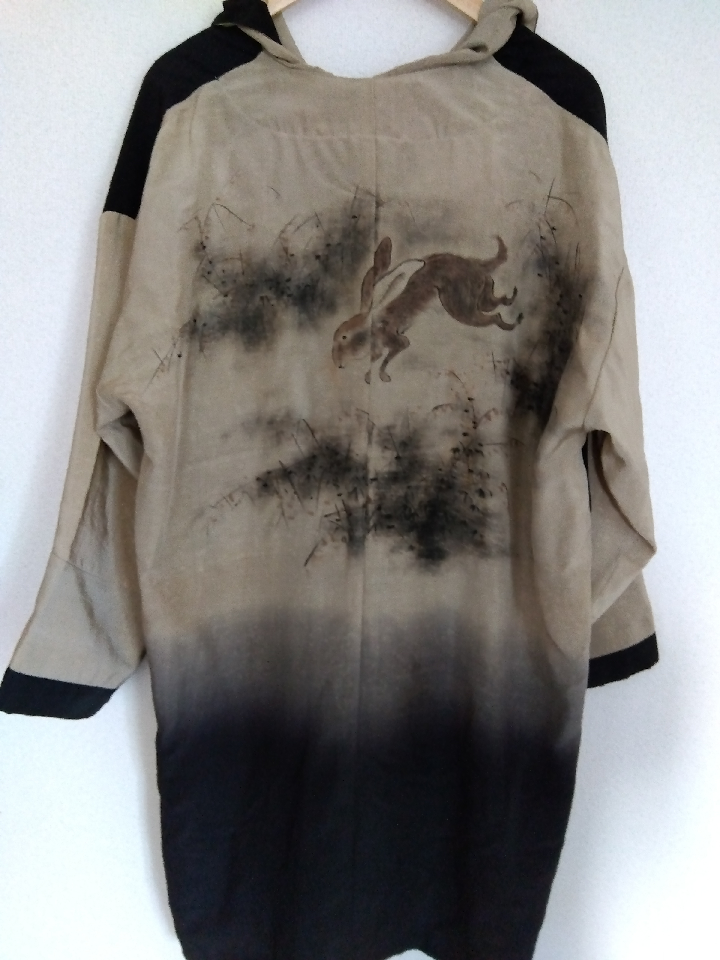 Coat by Gyokudo Kawai. Signed and inscribed. This is a one-of-a-kind hand-painted coat by Gyokudo Kawai.