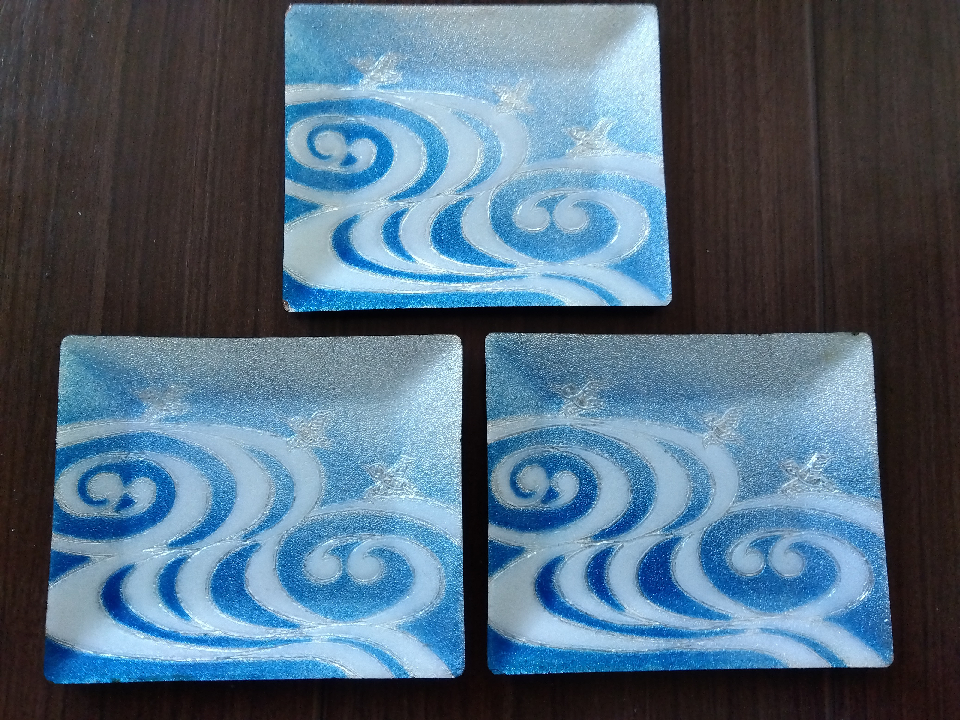 Set of three wave and staggered plates. Cloisonne ware. Some signs of use.