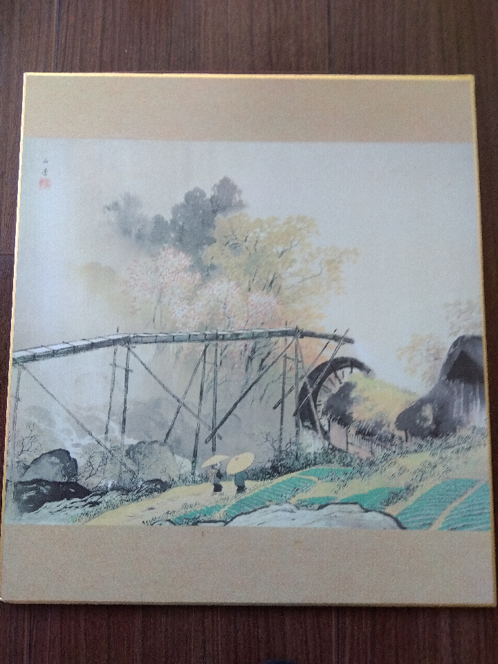 Shikishi painting by Gyokudo Kawai. The title is Keimura Harusame. He was an active painter from the Meiji era to the Showa era.