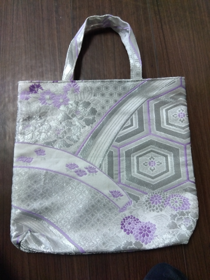 A tote bag made from a kimono obi remake.