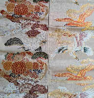 Round obi, pure silk, fan and crane, Fujiyama and a couple of eagles, kichijo pattern, reversible S005